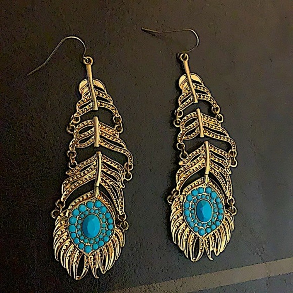 Handmade gold peacock feather earrings